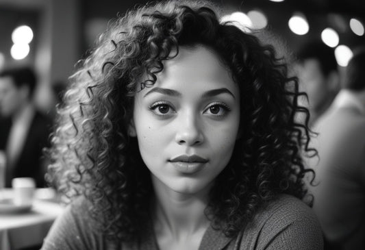 Model closeup black and white image sitting on a date