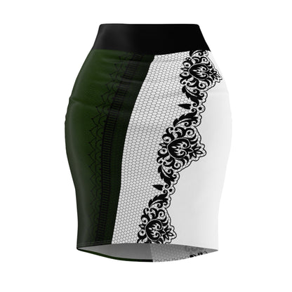 Auras Boutique's chic pencil skirt features a stunning half ivy green, half white design with delicate lace. Shop our date-worthy outfits!