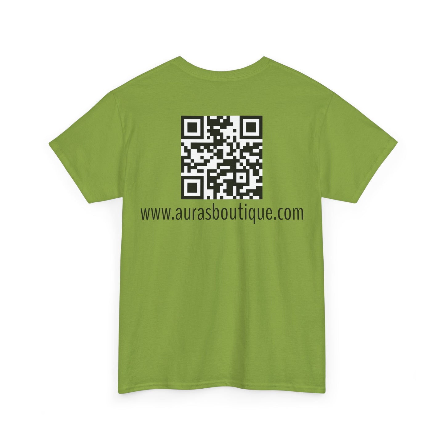 Auras Tee: Back view of kiwi T-Shirt with "Auras Boutique" QR code and website.