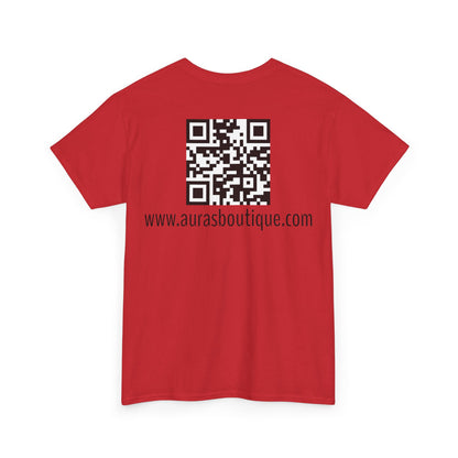 Auras Tee: Back view of red T-Shirt with "Auras Boutique" QR code and website.