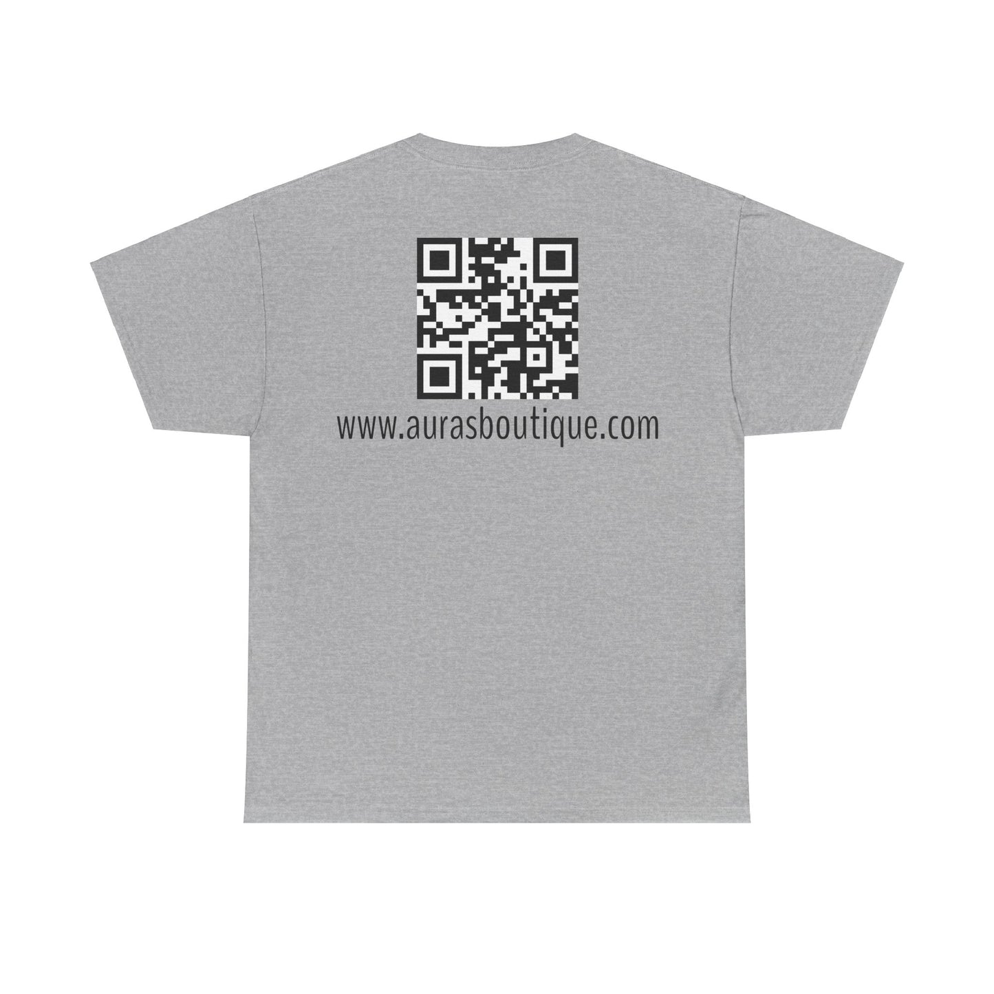 Auras Tee: Back view of sport grey T-Shirt with "Auras Boutique" QR code and website.