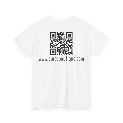 Auras Tee: Back view of white T-Shirt with "Auras Boutique" QR code and website.