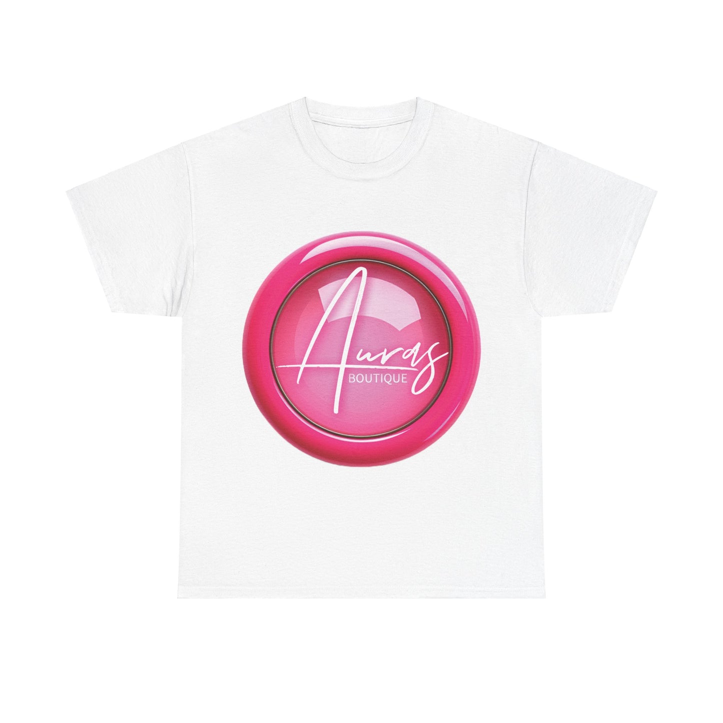 Auras Tee: Front view of white T-Shirt with glossy pink "Auras Boutique" button printed.