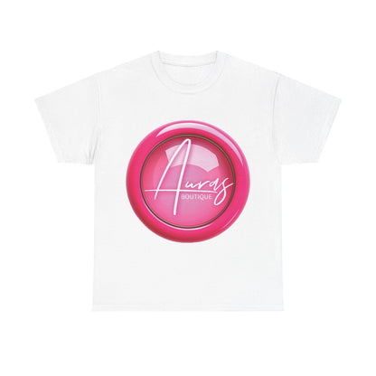 Auras Tee: Front view of white T-Shirt with glossy pink "Auras Boutique" button printed.