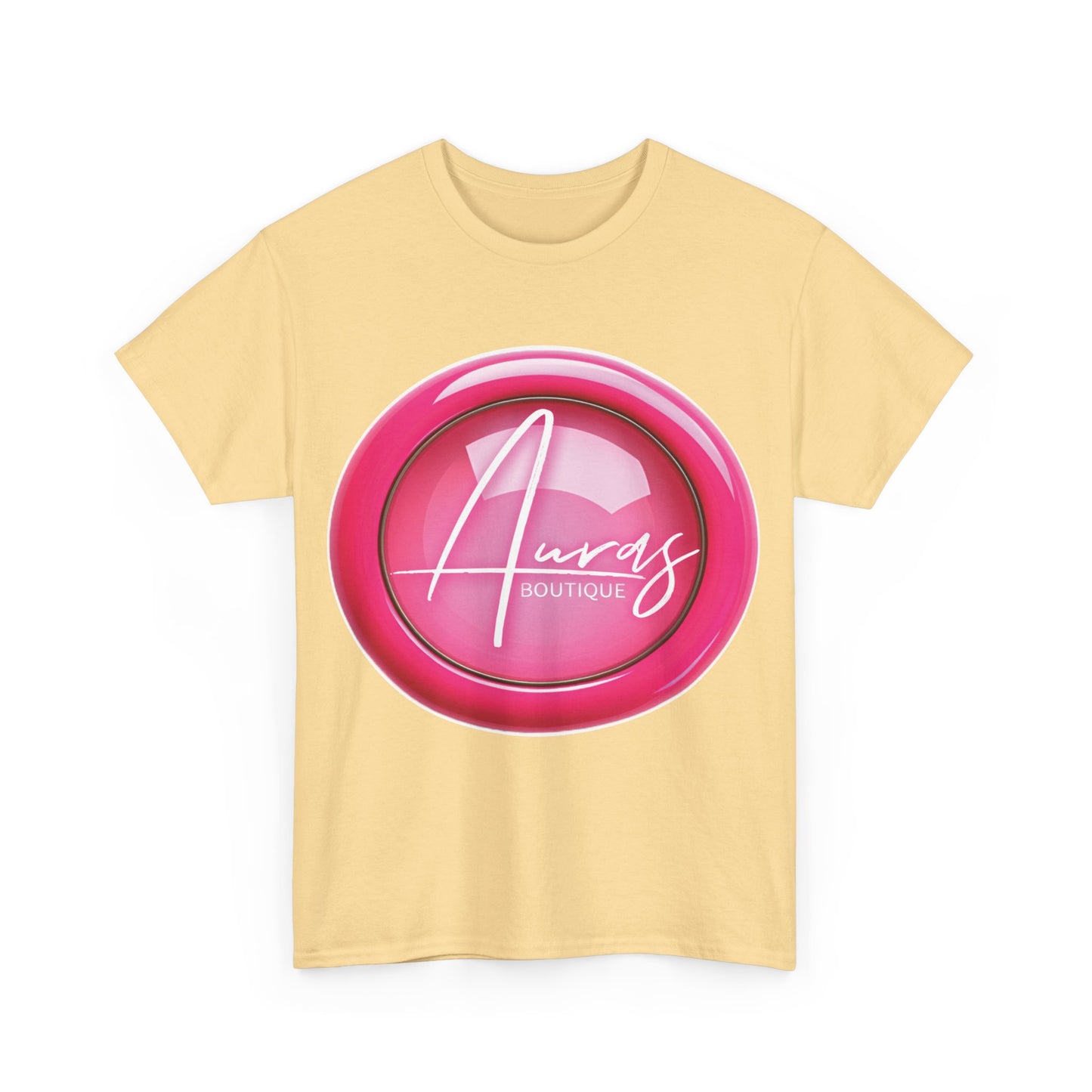 Auras Tee: Front view of yellow haze T-Shirt with glossy pink "Auras Boutique" button printed.