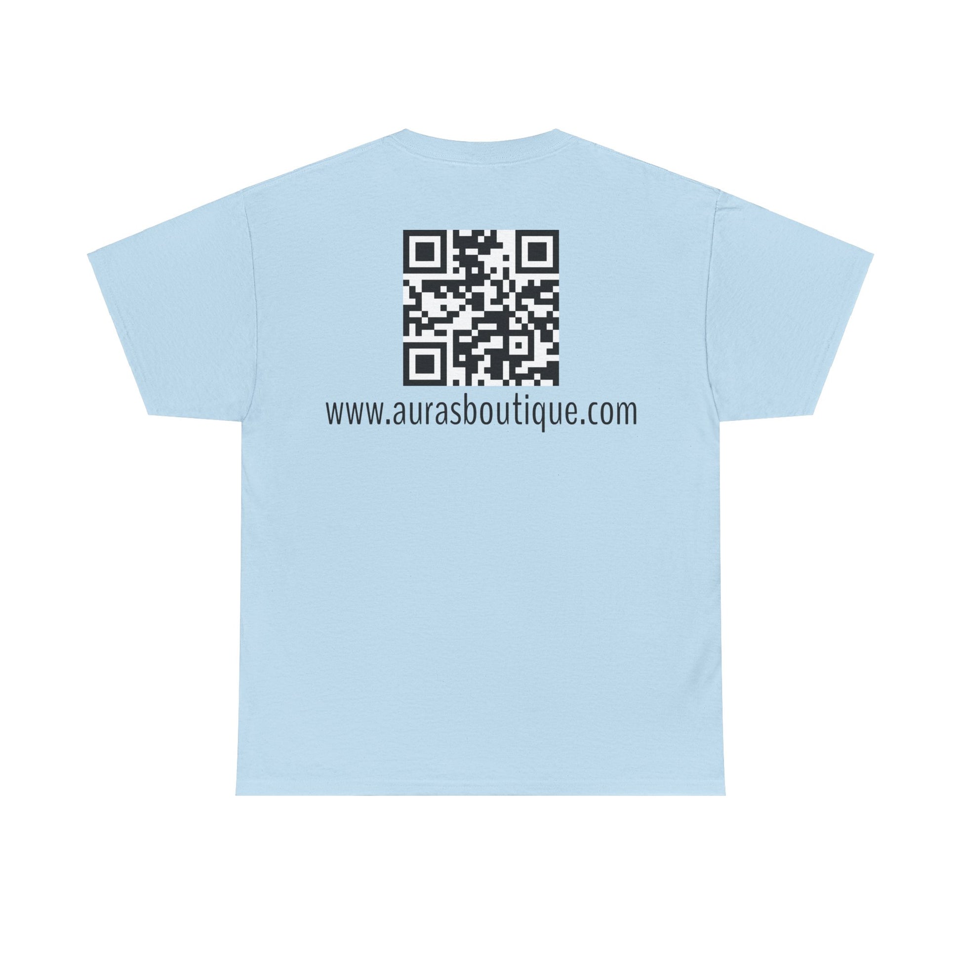 Auras Tee: Back view of light blue T-Shirt with "Auras Boutique" QR code and website.