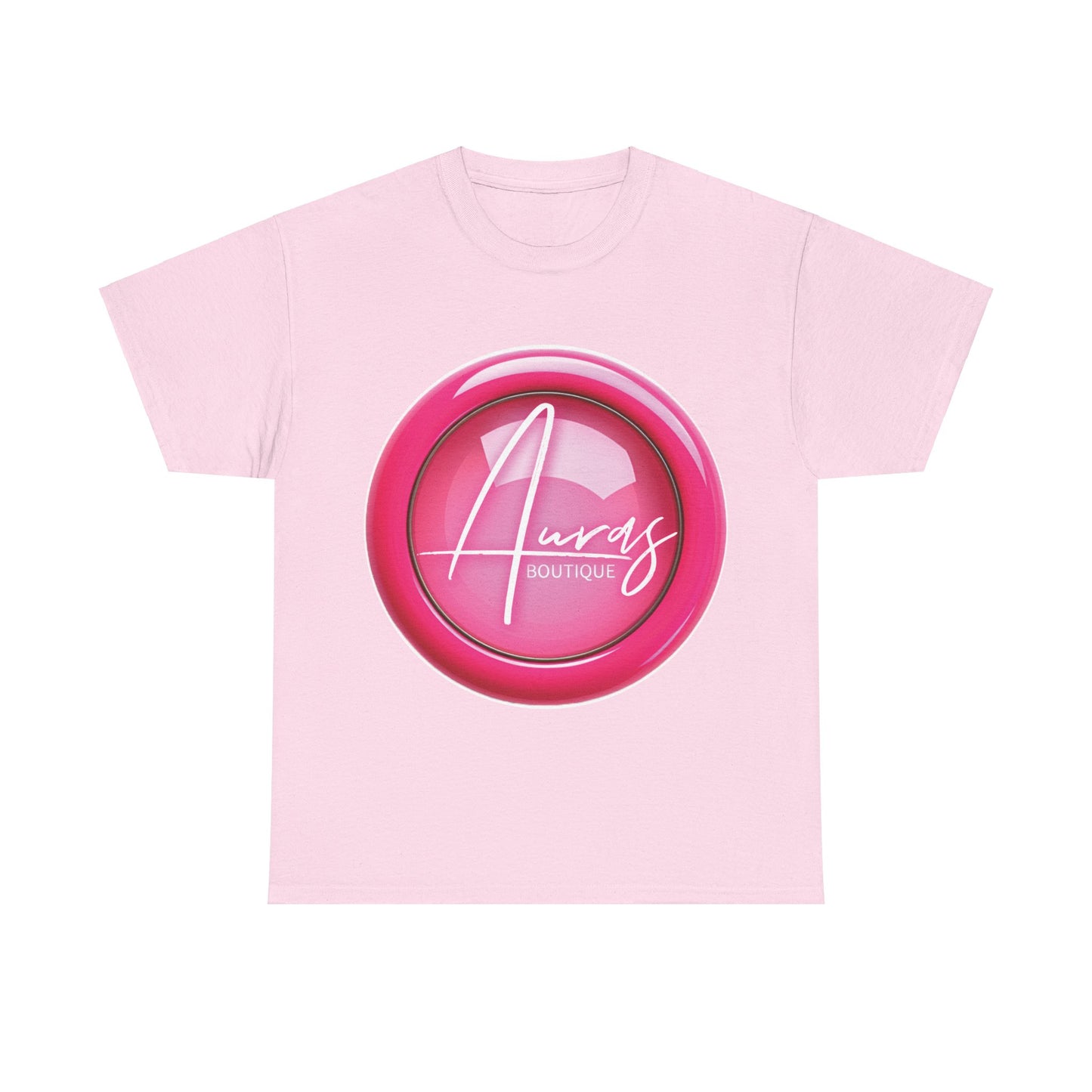 Auras Tee: Front view of light pink T-Shirt with glossy pink "Auras Boutique" button printed.