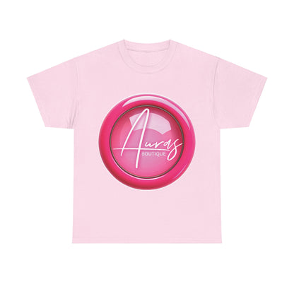 Auras Tee: Front view of light pink T-Shirt with glossy pink "Auras Boutique" button printed.