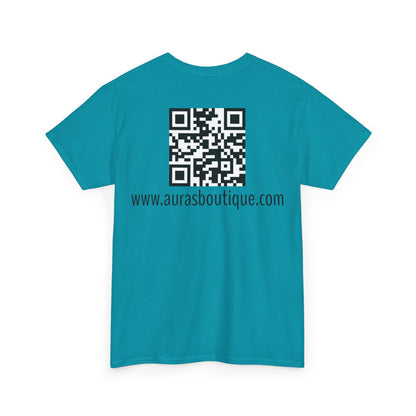 Auras Tee: Back view of tropical blue T-Shirt with "Auras Boutique" QR code and website.