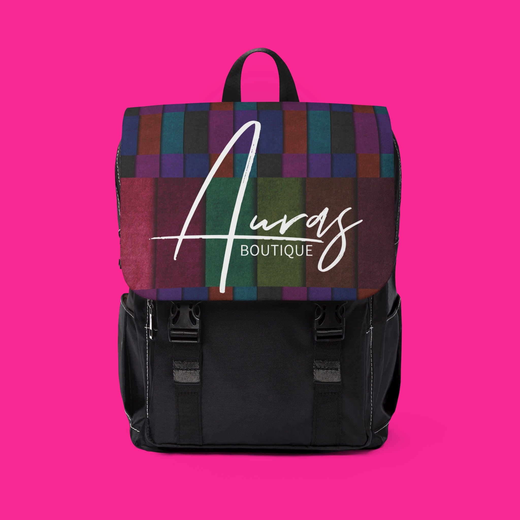 A touch of fun! Auras Boutique's Casual black backpack features a statement multicolored flap (including shades of (purple, blue, green, and burgundy) with buckles. Shop trendy & functional bags.