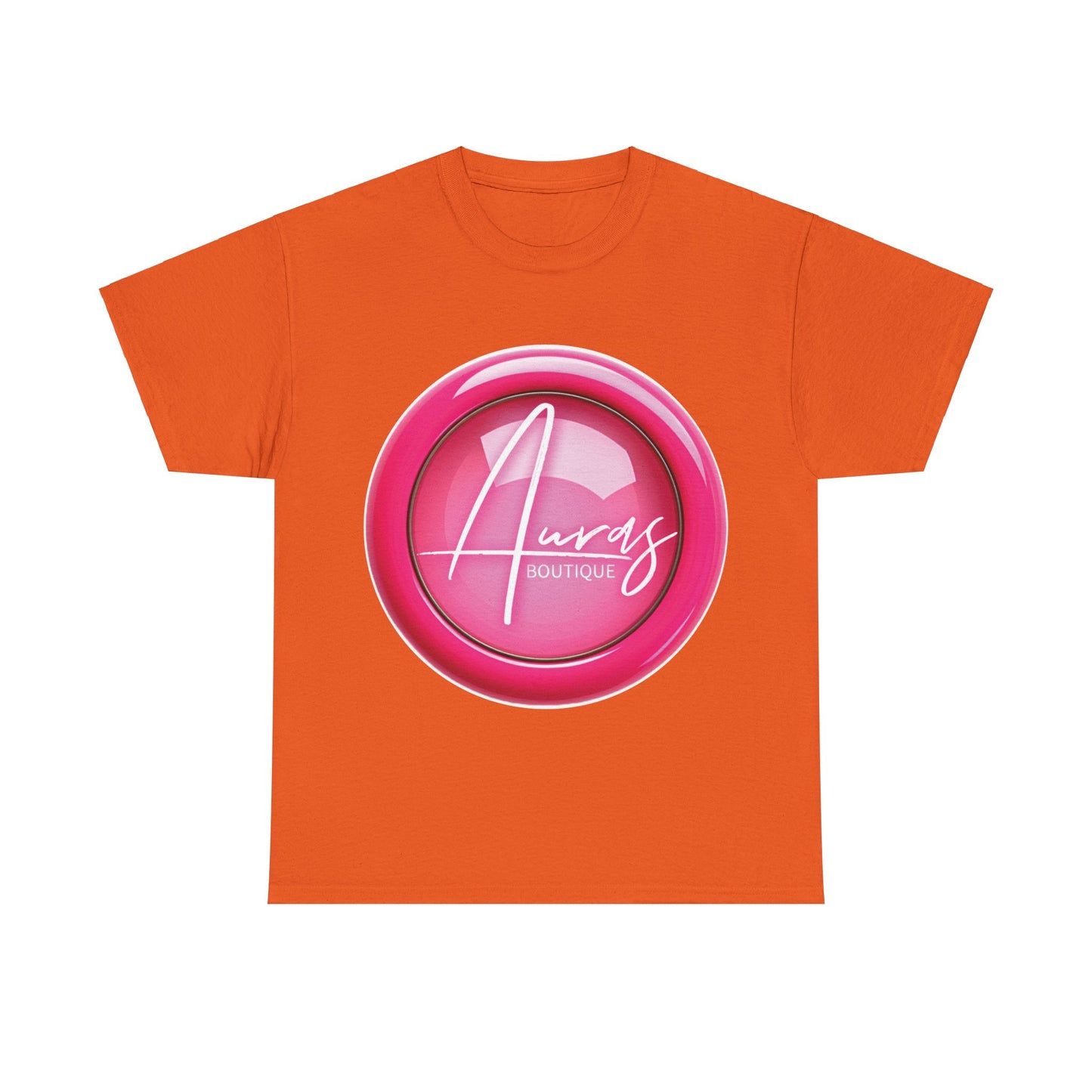 Auras Tee: Front view of orange T-Shirt with glossy pink "Auras Boutique" button printed.