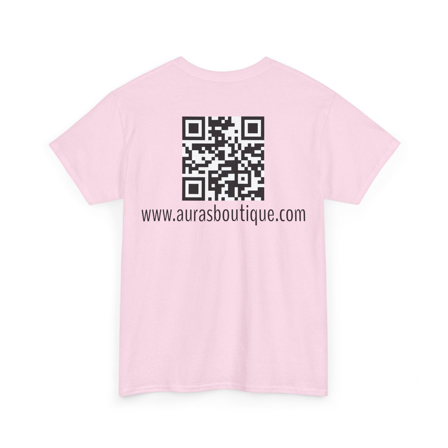 Auras Tee: Back view of light pink T-Shirt with "Auras Boutique" QR code and website.