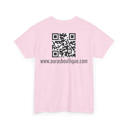 Auras Tee: Back view of light pink T-Shirt with "Auras Boutique" QR code and website.