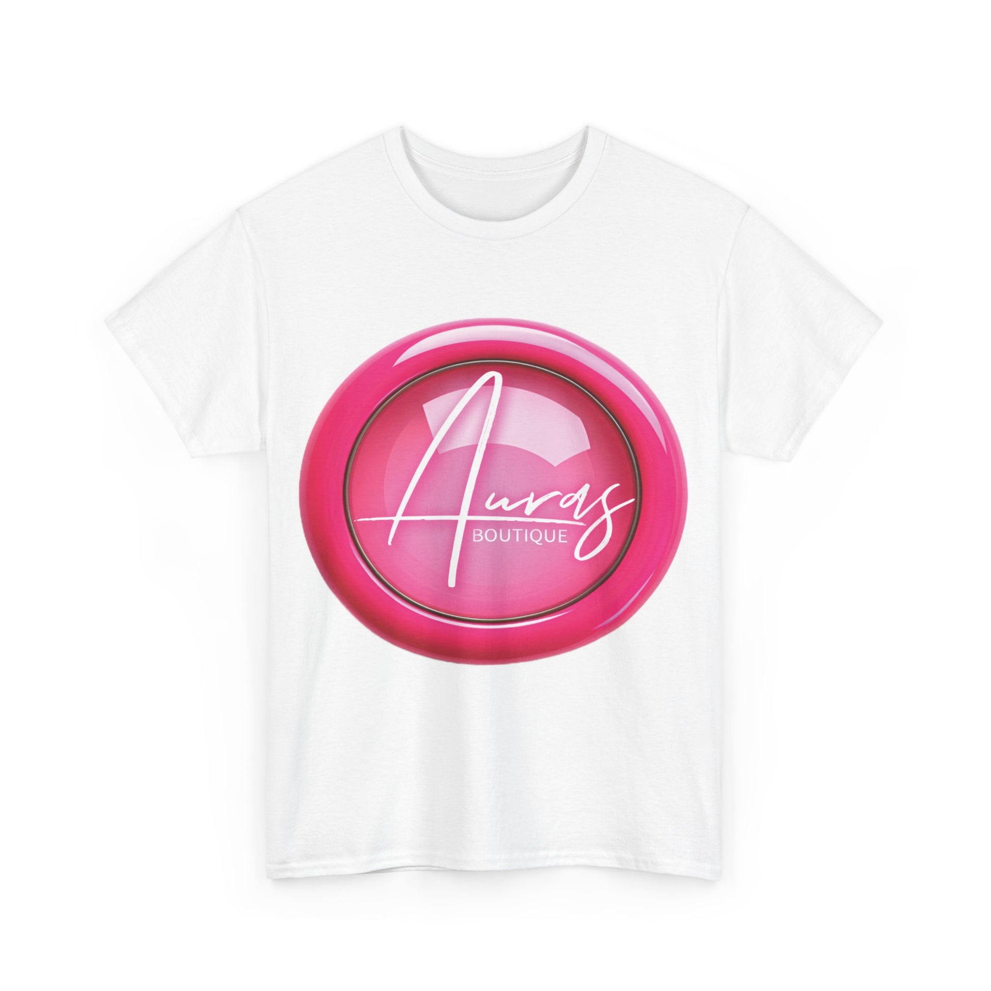 Auras Tee: Front view of white T-Shirt with glossy pink "Auras Boutique" button printed.