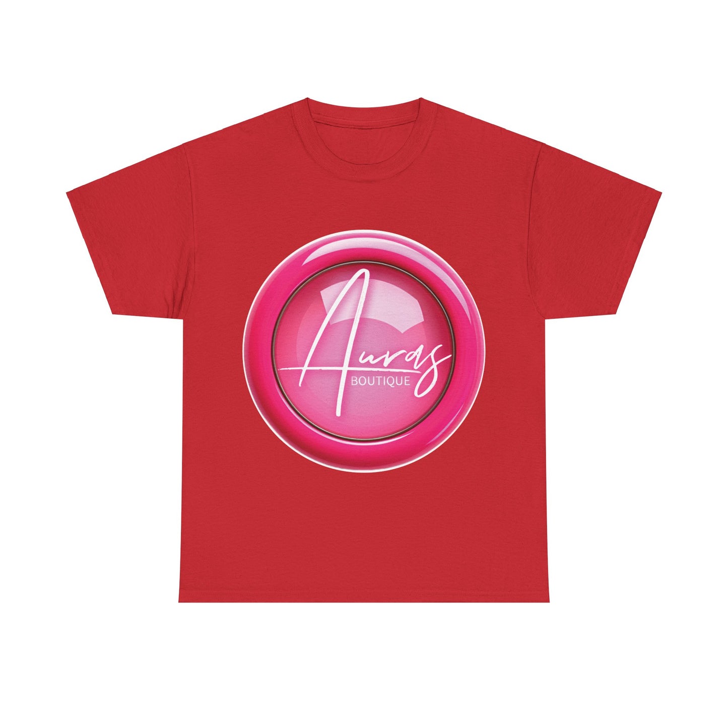 Auras Tee: Front view of red T-Shirt with glossy pink "Auras Boutique" button printed.