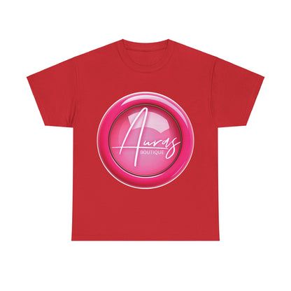 Auras Tee: Front view of red T-Shirt with glossy pink "Auras Boutique" button printed.