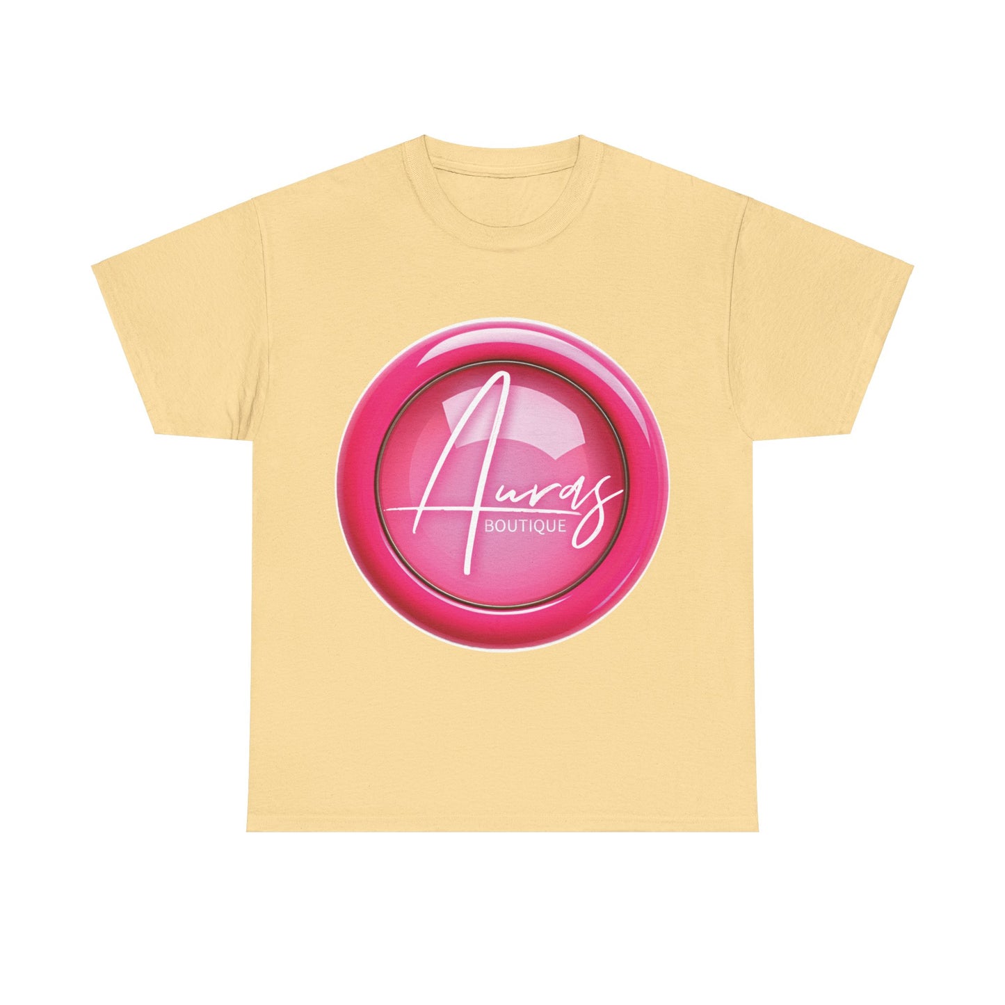 Auras Tee: Front view of yellow haze T-Shirt with glossy pink "Auras Boutique" button printed.