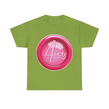 Auras Tee: Front view of kiwi T-Shirt with glossy pink "Auras Boutique" button printed.