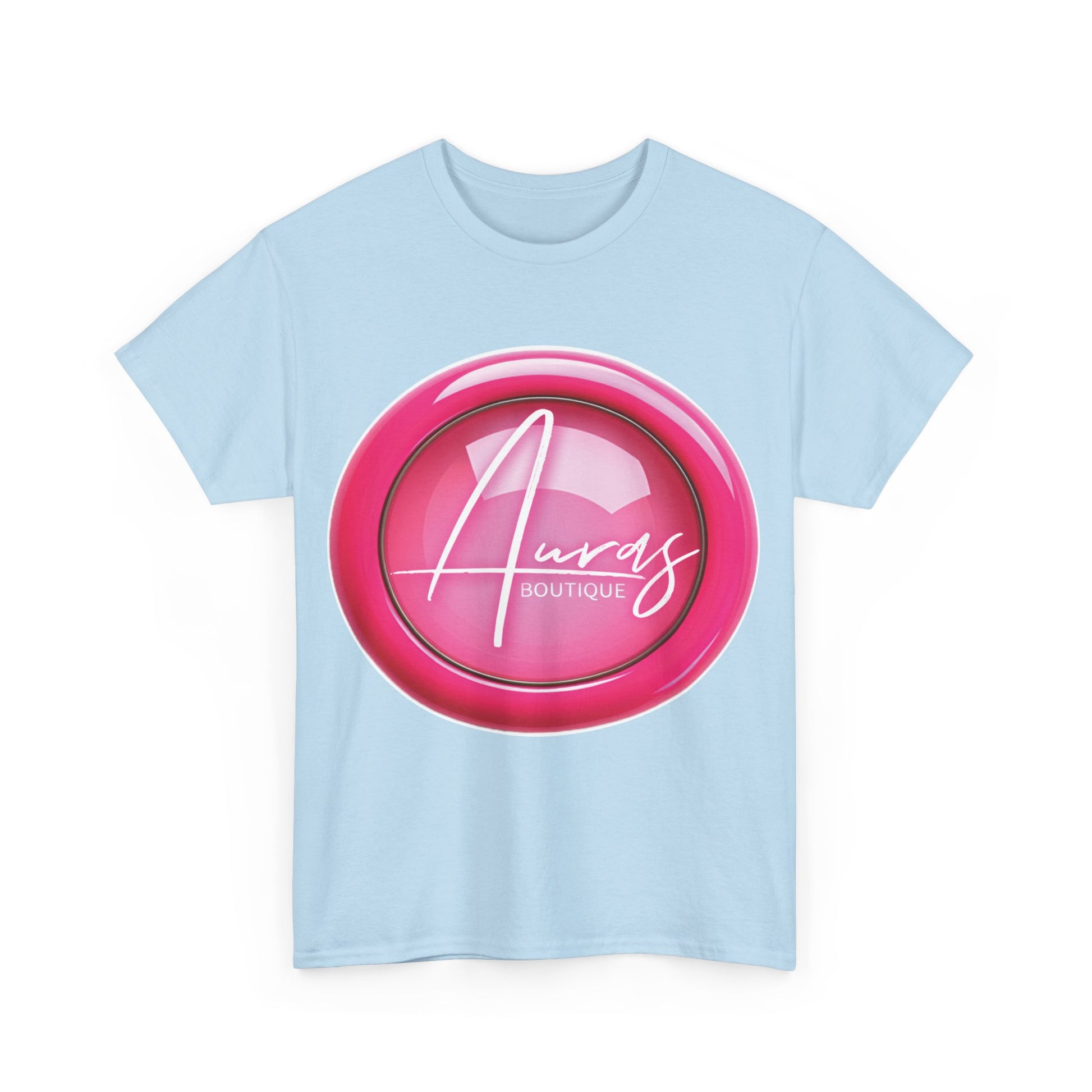 Auras Tee: Front view of light blue T-Shirt with glossy pink "Auras Boutique" button printed.