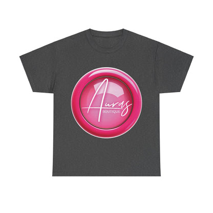 Auras Tee: Front view of dark heather T-Shirt with glossy pink "Auras Boutique" button printed.