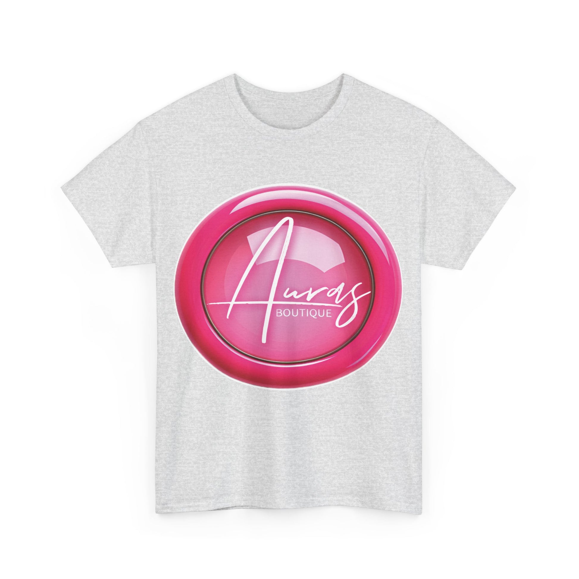 Auras Tee: Front view of ash T-Shirt with glossy pink "Auras Boutique" button printed.