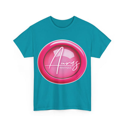 Auras Tee: Front view of tropical blue T-Shirt with glossy pink "Auras Boutique" button printed.