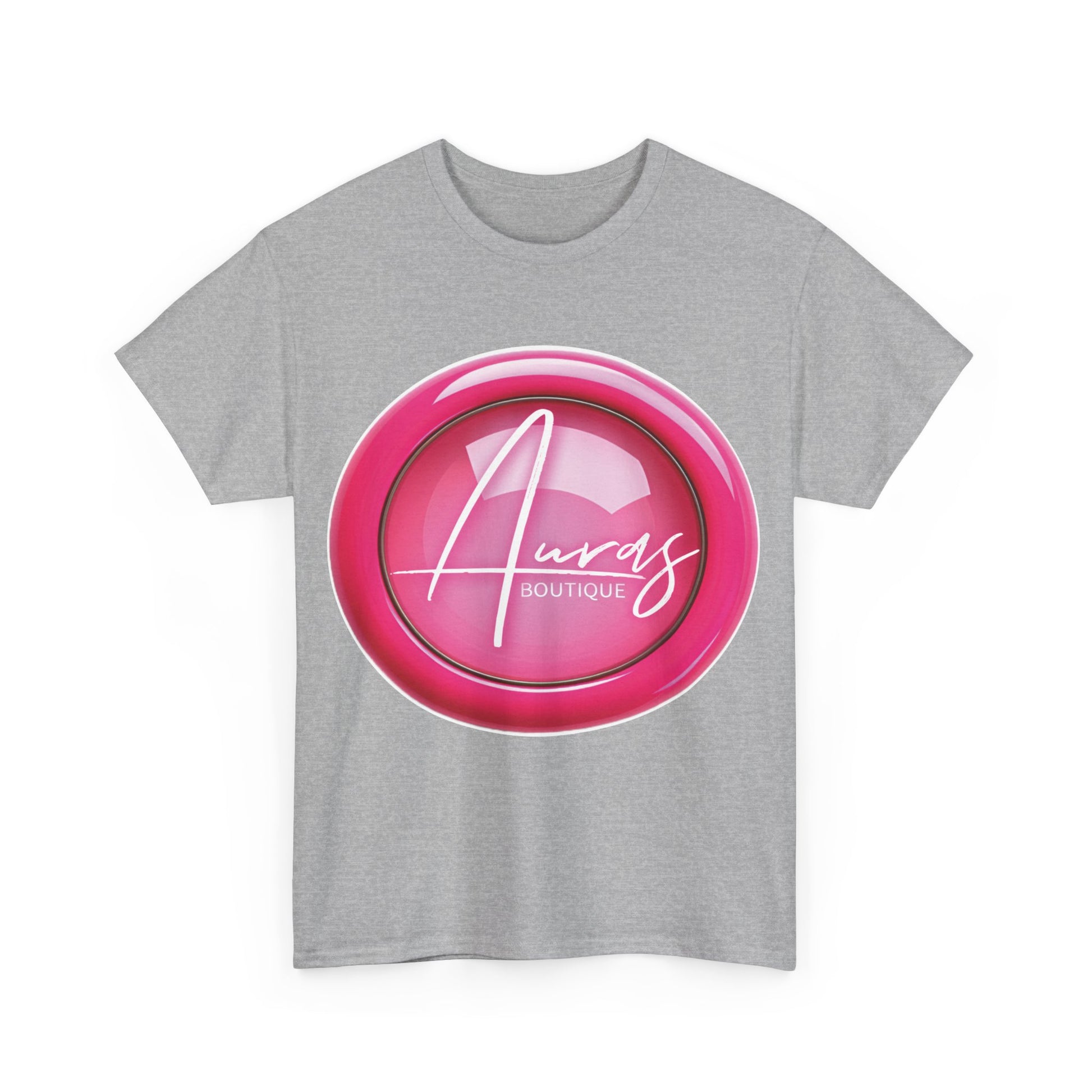 Auras Tee: Front view of sport grey T-Shirt with glossy pink "Auras Boutique" button printed.