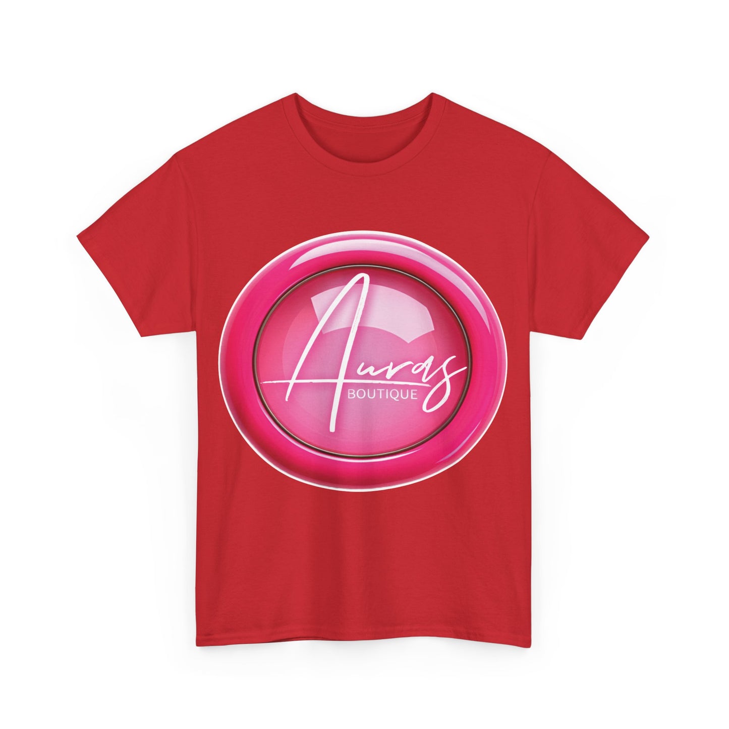 Auras Tee: Front view of red T-Shirt with glossy pink "Auras Boutique" button printed.