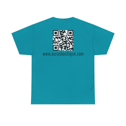 Auras Tee: Back view of tropical blue T-Shirt with "Auras Boutique" QR code and website.