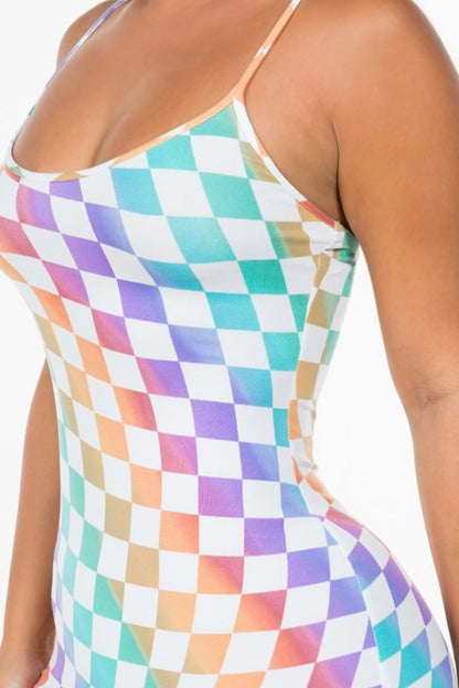 Side profile Checkmate Dress. Short checkered colorful bodycon dress. Perfect for those summer dates.