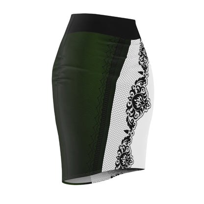 Auras Boutique's chic pencil skirt features a stunning half ivy green, half white design with delicate lace. Shop our date-worthy outfits!