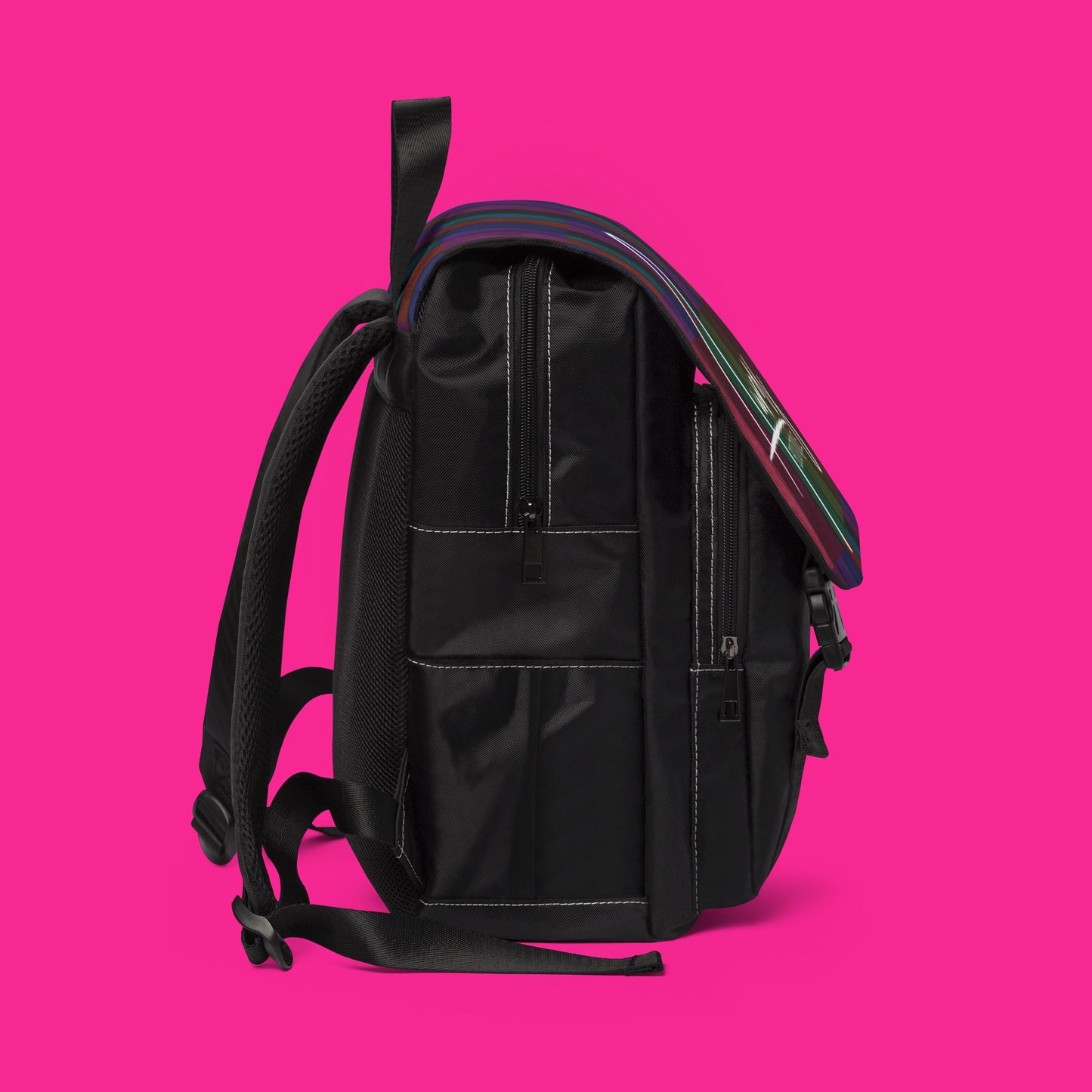 A touch of fun! Auras Boutique's Casual black backpack features a statement multicolored flap (including shades of (purple, blue, green, and burgundy) with buckles. Shop trendy & functional bags.