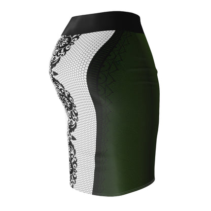 Auras Boutique's chic pencil skirt features a stunning half ivy green, half white design with delicate lace. Shop our date-worthy outfits!