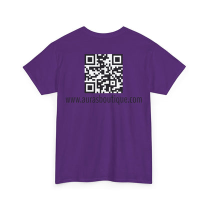 Auras Tee: Back view of purple T-Shirt with "Auras Boutique" QR code and website.