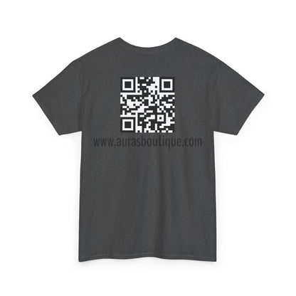 Auras Tee: Back view of dark heather  T-Shirt with "Auras Boutique" QR code and website.