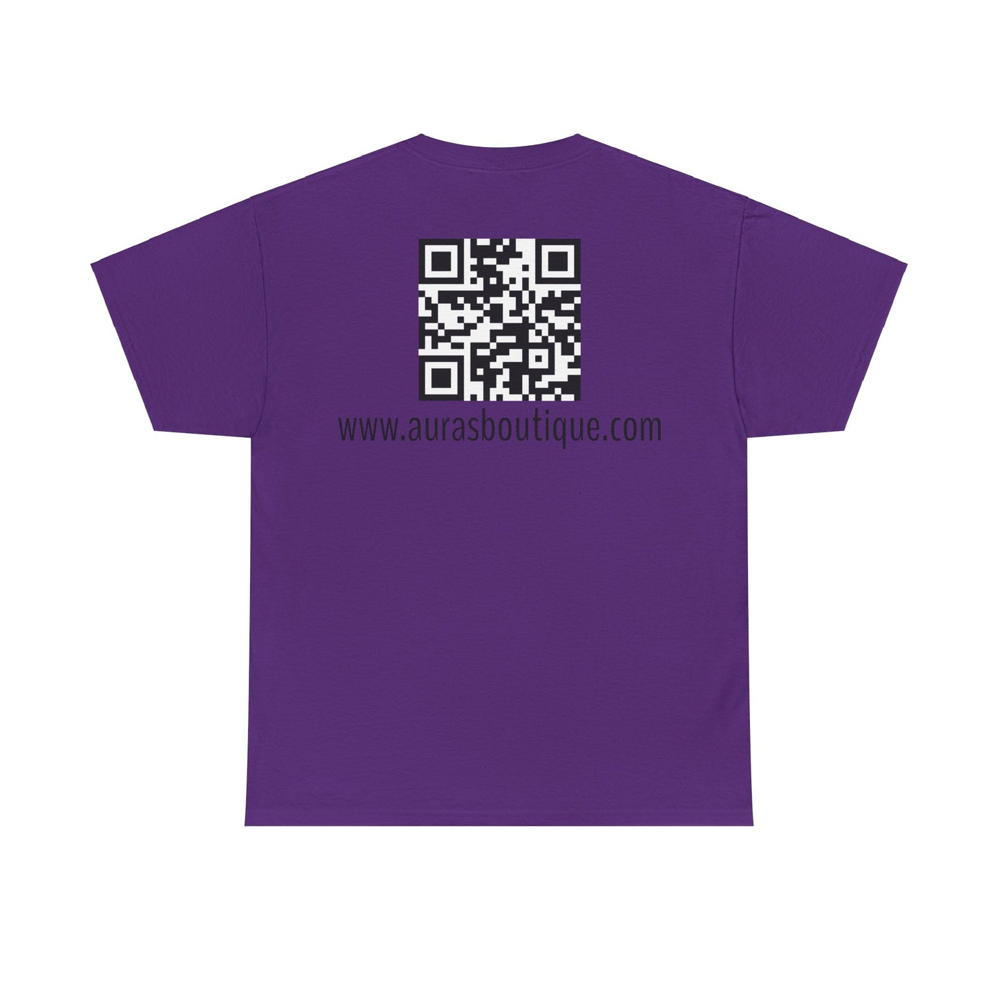 Auras Tee: Back view of purple T-Shirt with "Auras Boutique" QR code and website.