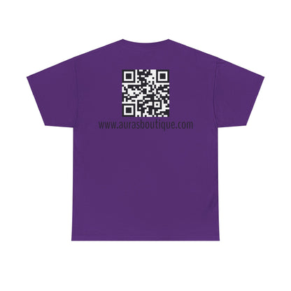 Auras Tee: Back view of purple T-Shirt with "Auras Boutique" QR code and website.