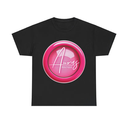 Auras Tee: Front view of black T-Shirt with glossy pink "Auras Boutique" button printed.