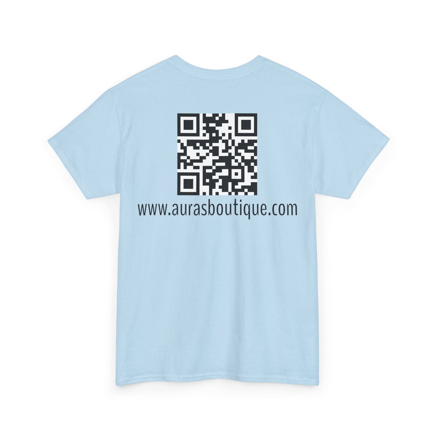 Auras Tee: Back view of light blue T-Shirt with "Auras Boutique" QR code and website.