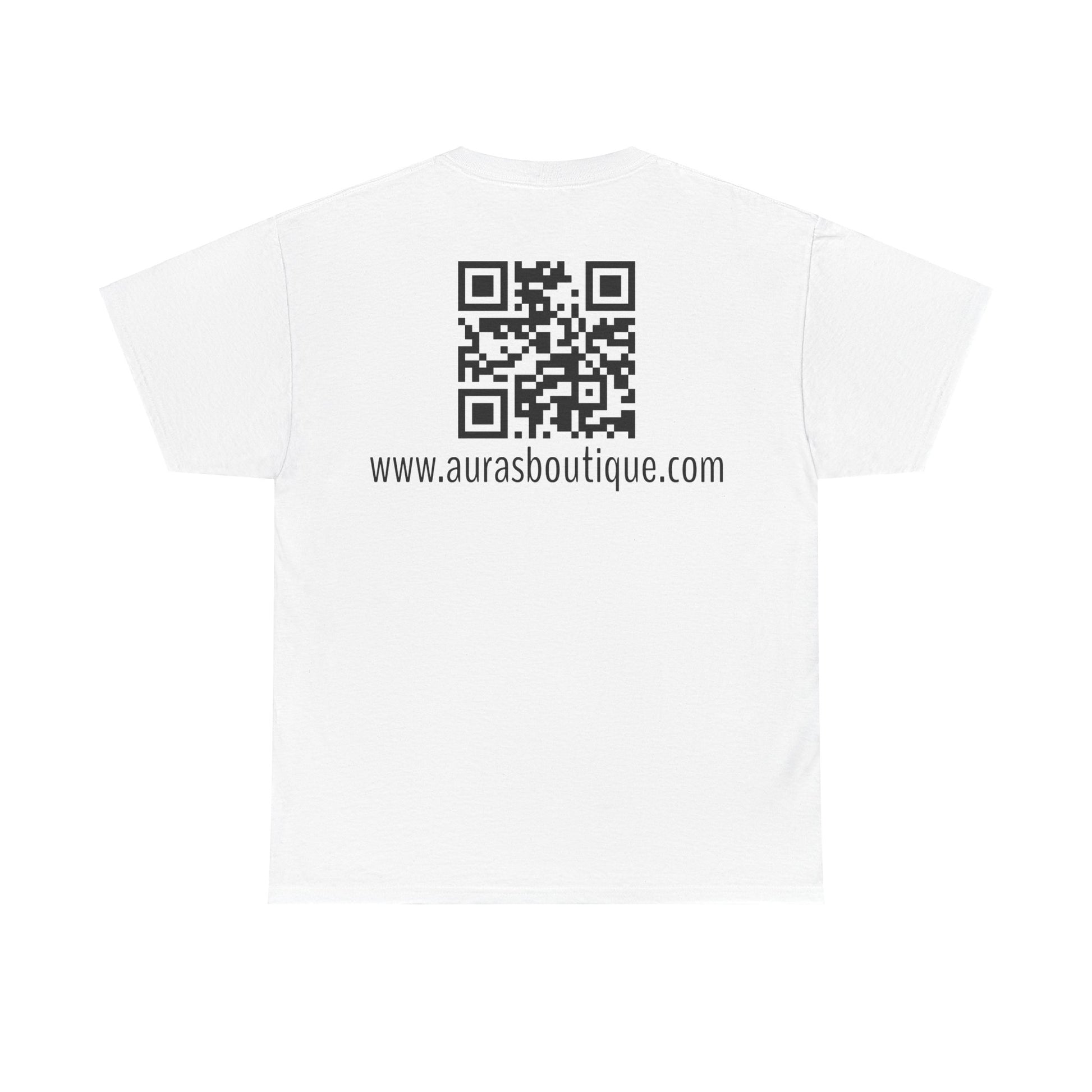 Auras Tee: Back view of white T-Shirt with "Auras Boutique" QR code and website.