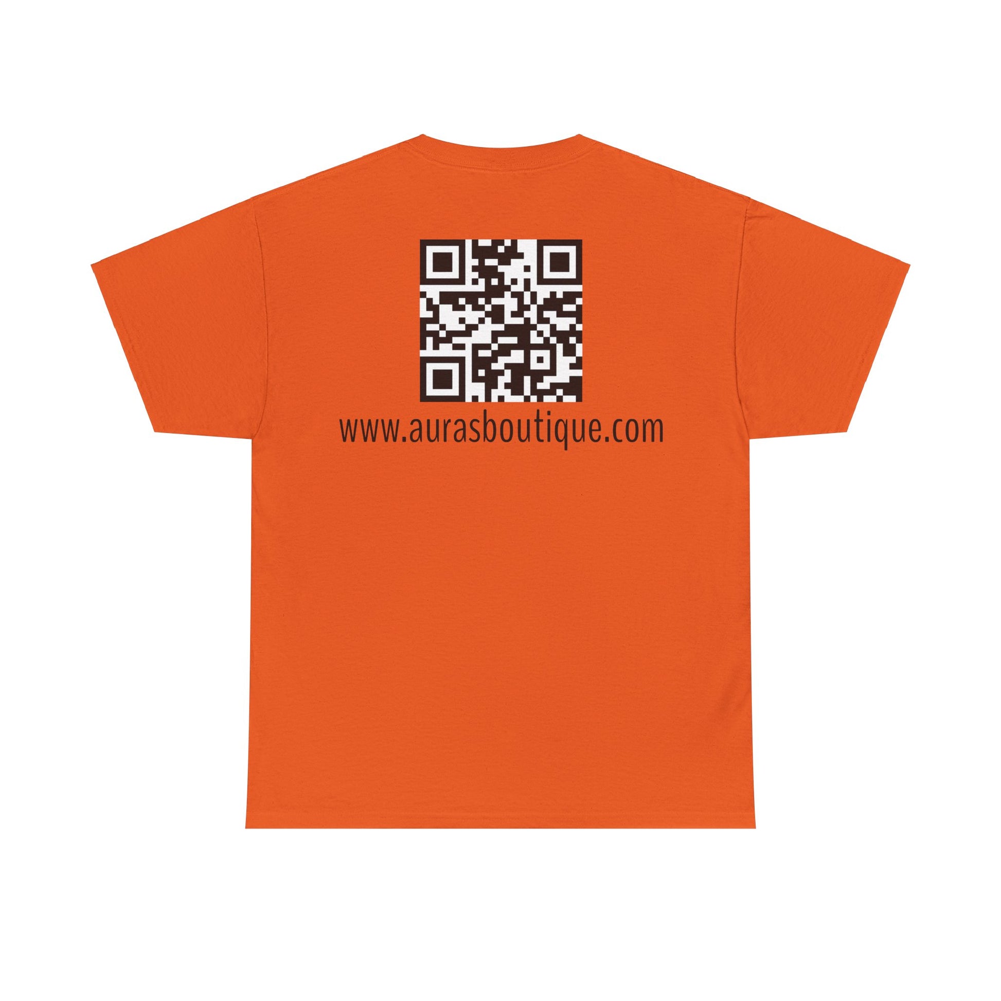 Auras Tee: Back view of orange T-Shirt with "Auras Boutique" QR code and website.