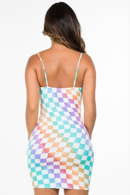 Mid back profile Checkmate Dress. Short checkered colorful bodycon dress. Perfect for those summer dates.