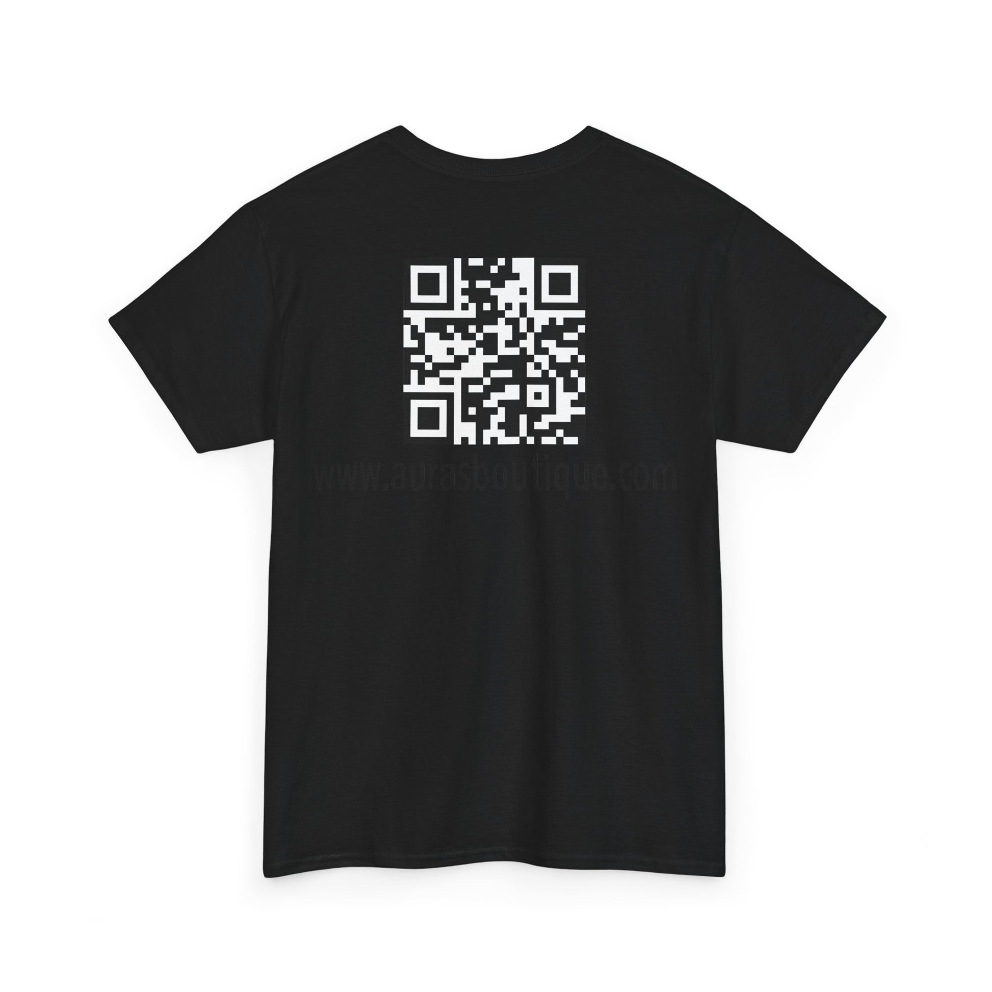 Auras Tee: Back view of black T-Shirt with "Auras Boutique" QR code and website.