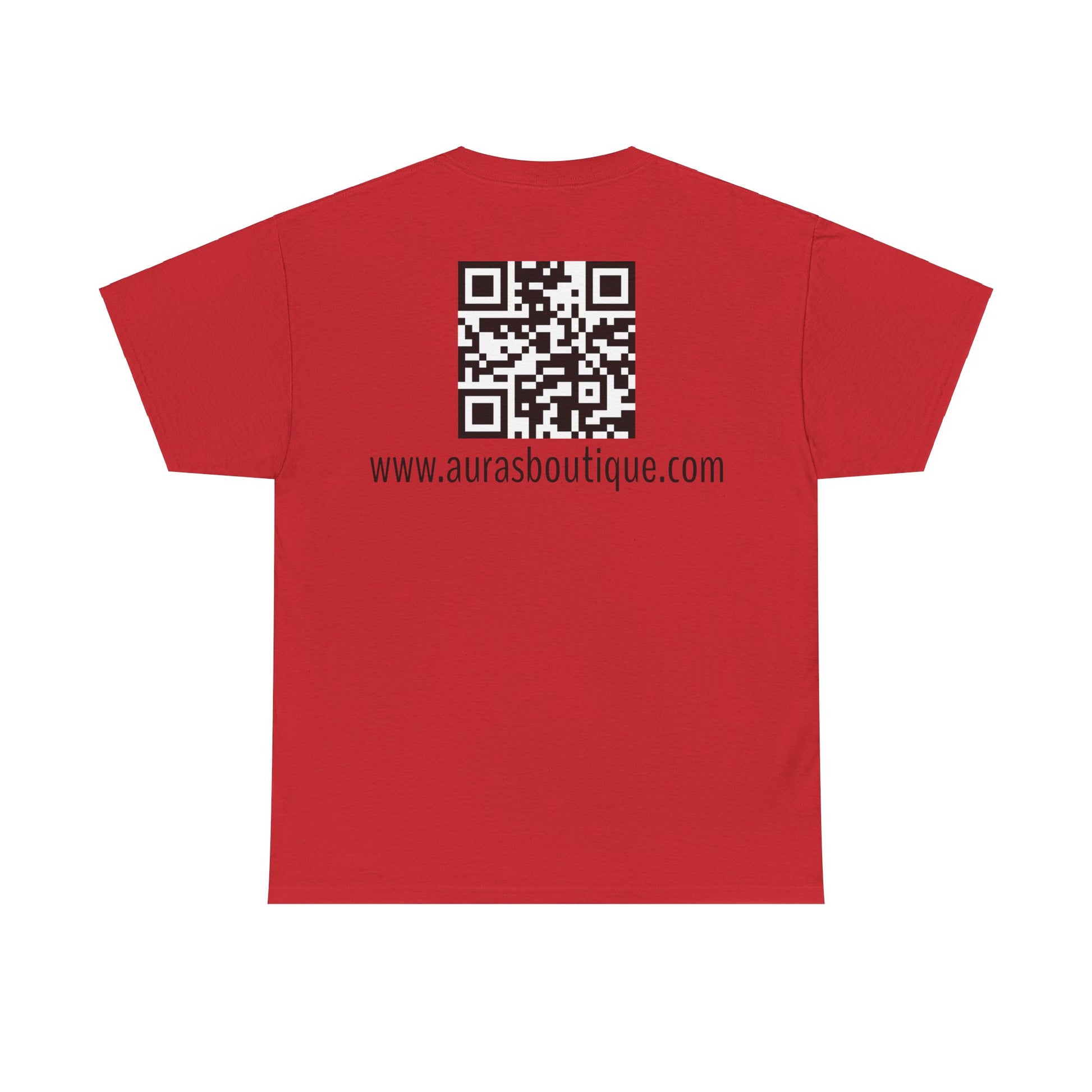 Auras Tee: Back view of red T-Shirt with "Auras Boutique" QR code and website.