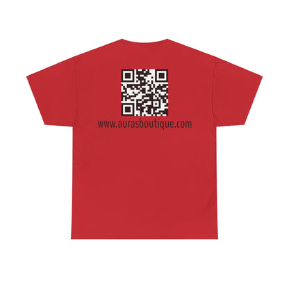 Auras Tee: Back view of red T-Shirt with "Auras Boutique" QR code and website.