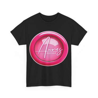 Auras Tee: Front view of black T-Shirt with glossy pink "Auras Boutique" button printed.