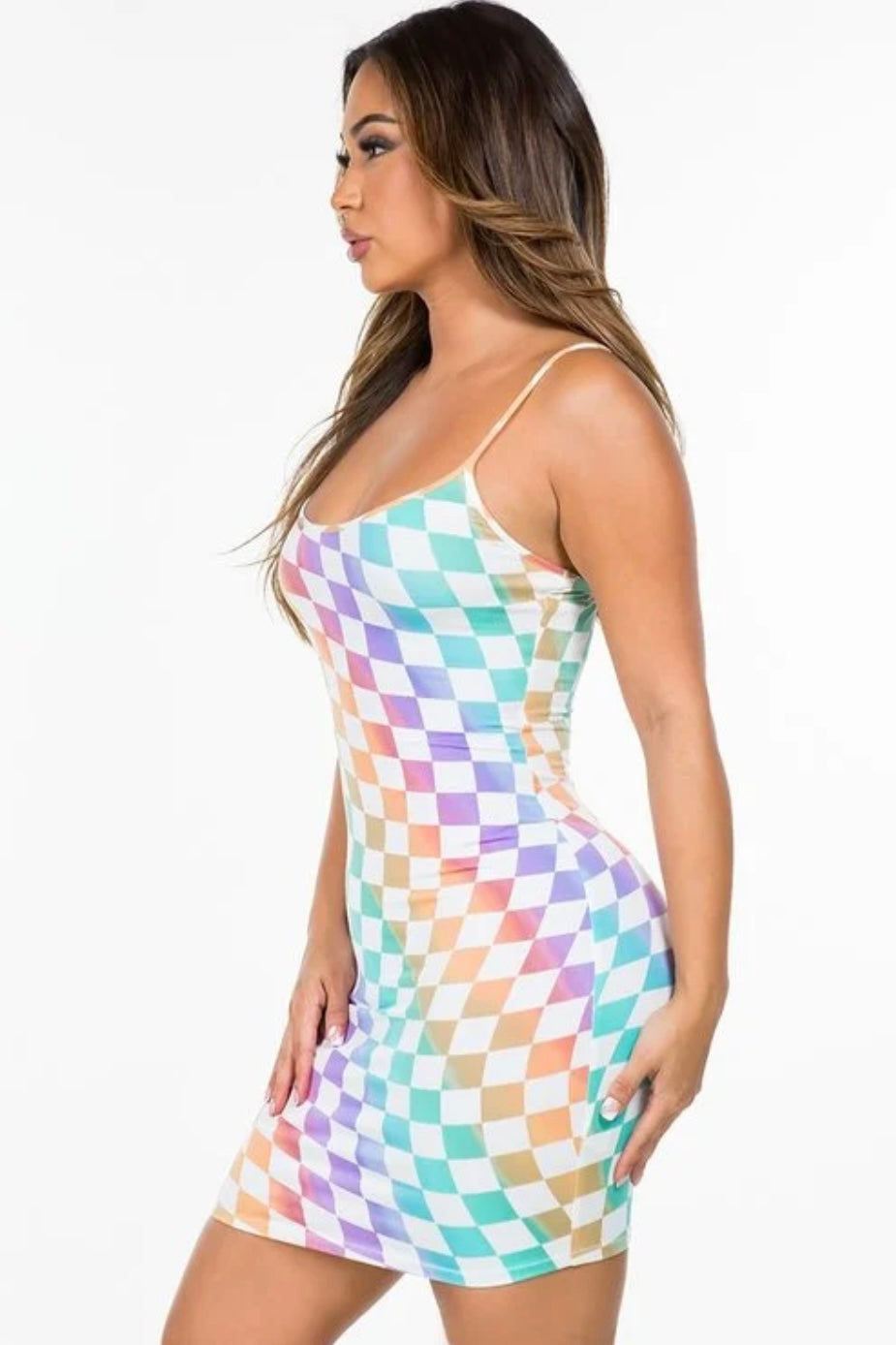 Mid side profile Checkmate Dress. Short checkered colorful bodycon dress. Perfect for those summer dates.