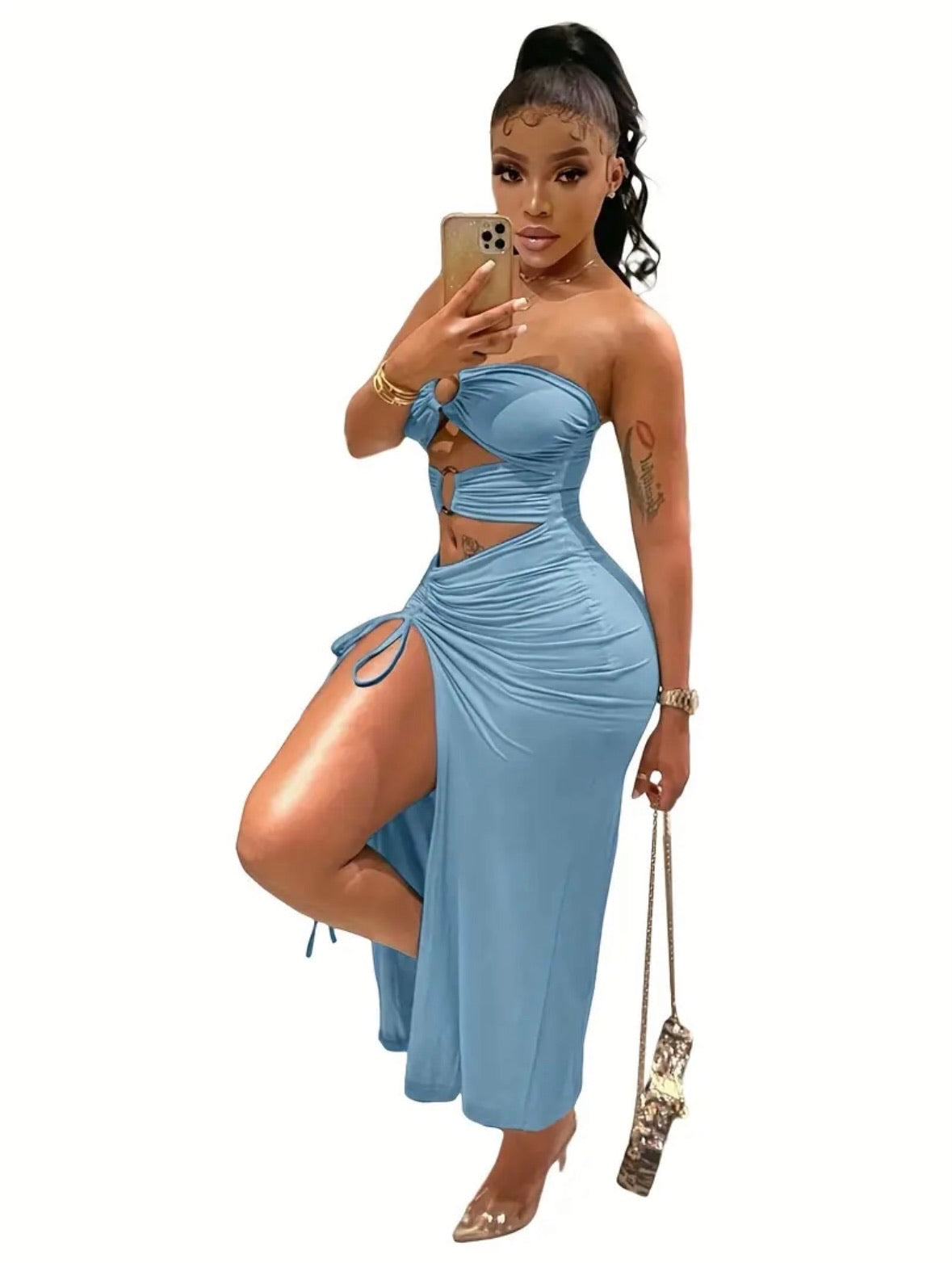 Vacation Bae: Side view of blue dress with high leg slit, and slit in mid area on model.