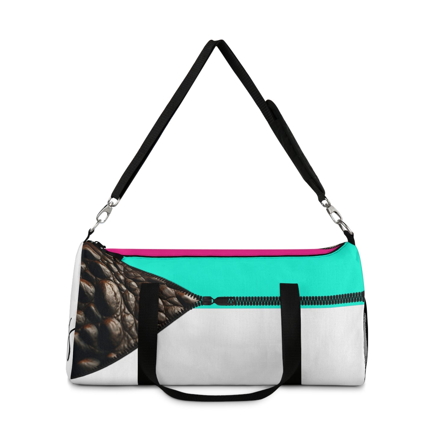 LUXE-Duffel: Front view of white bag with crocodile texture print over Auras Rose and Auras Turquoise.