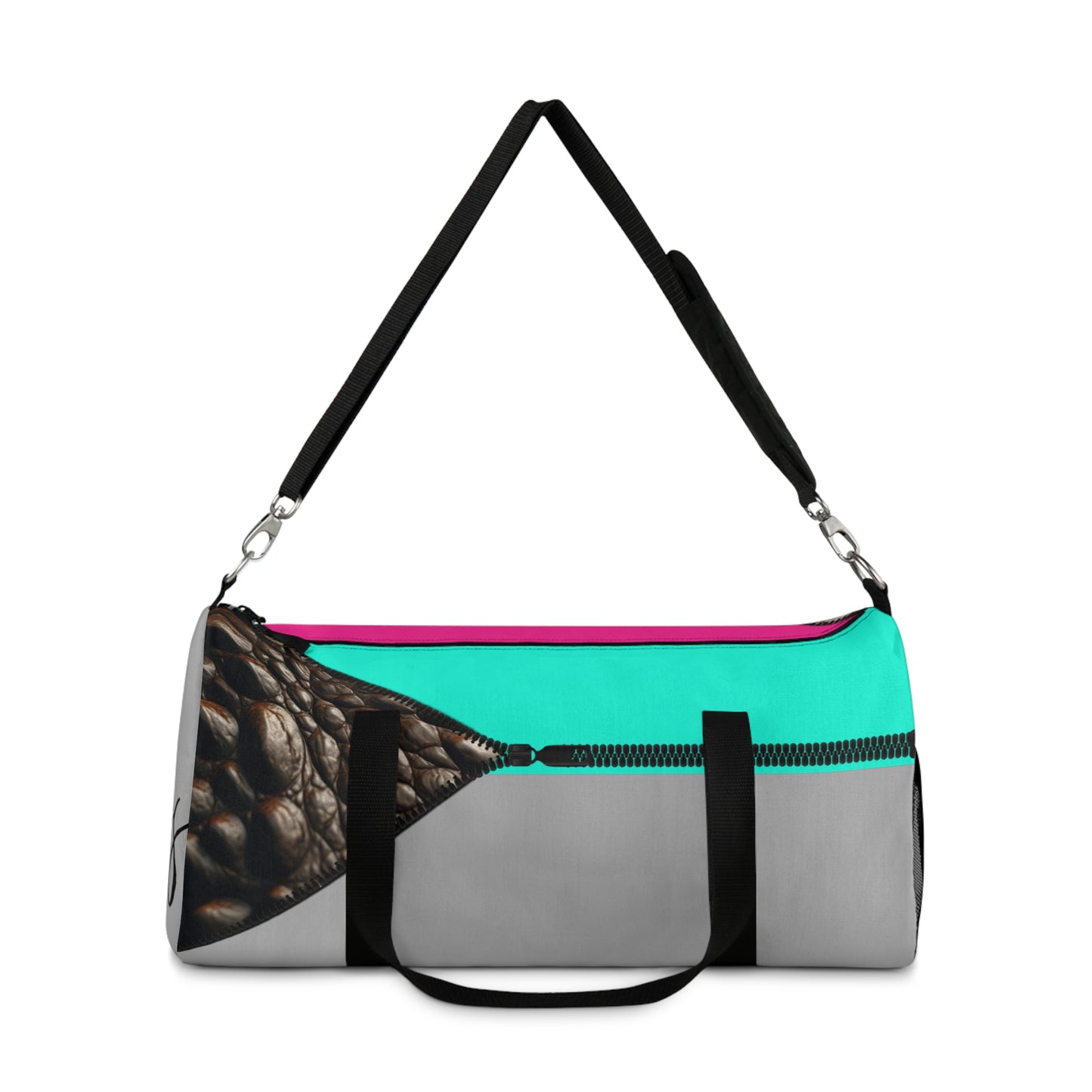 LUXE- Duffel: Front view of light grey bag with crocodile texture print over Auras Turquoise and Auras Rose.